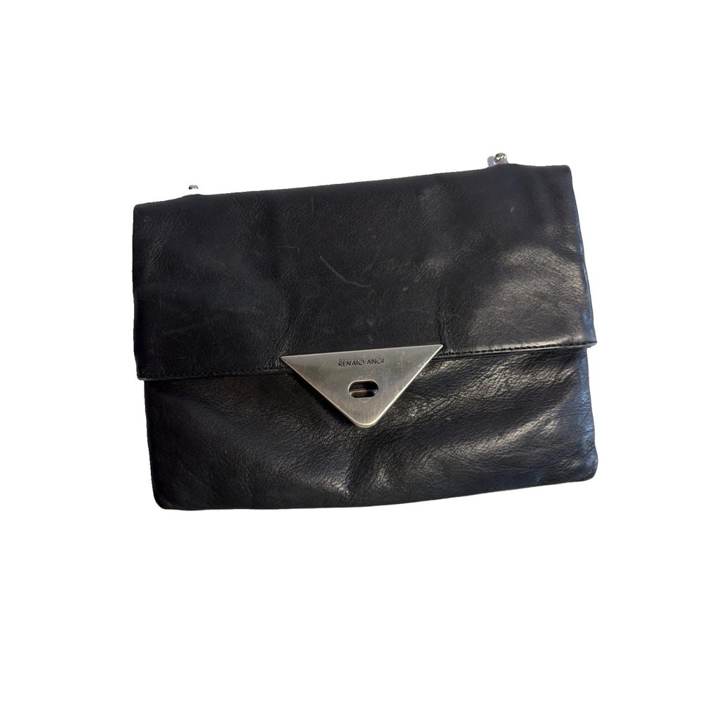 Womens Clutch Bag Renato Angi Small Black Leather Italian Triangle Lock Evening